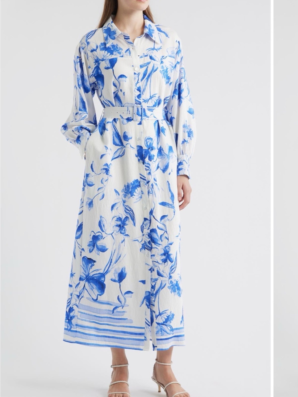 MELLODAY White Maxi Shirt Dress with Blue Floral Print and Belt